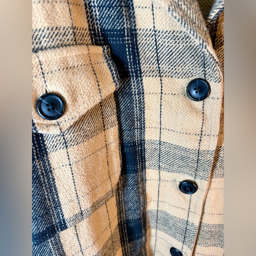 Lucky Brand Plaid Shacket Jacket Oversized Button Front Tan Black XL Cozy - Picture 4 of 8